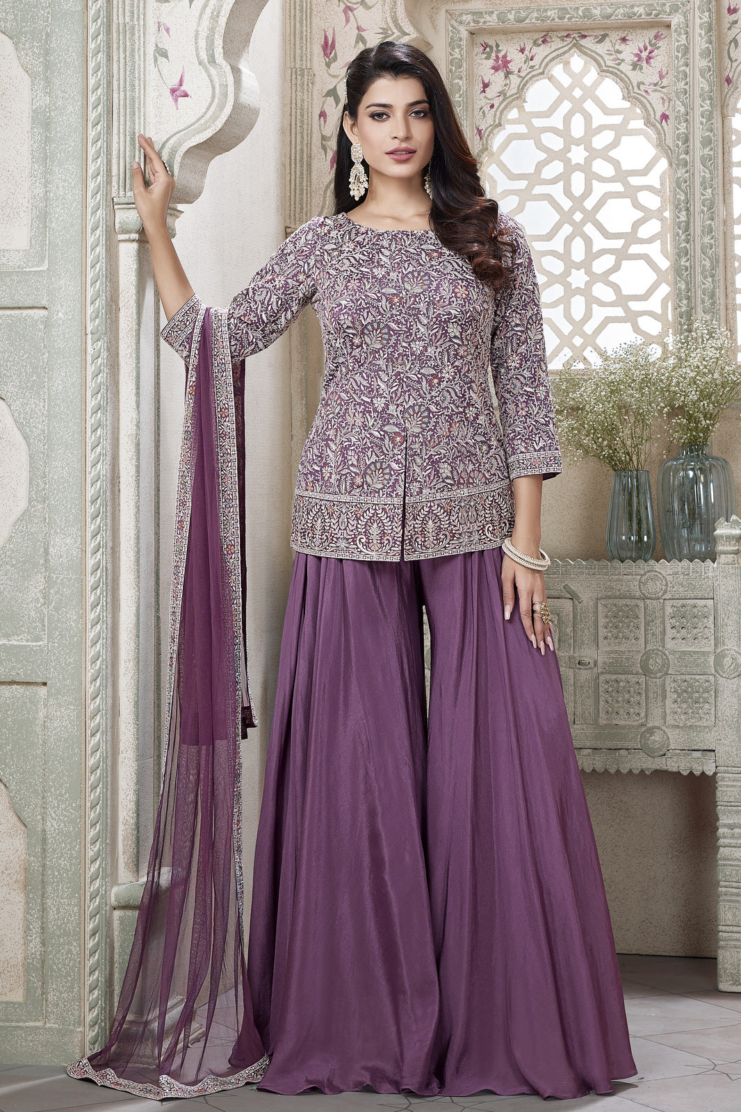 Lilac Thread and Sequins work Palazzo Salwar Suit – Seasons Chennai
