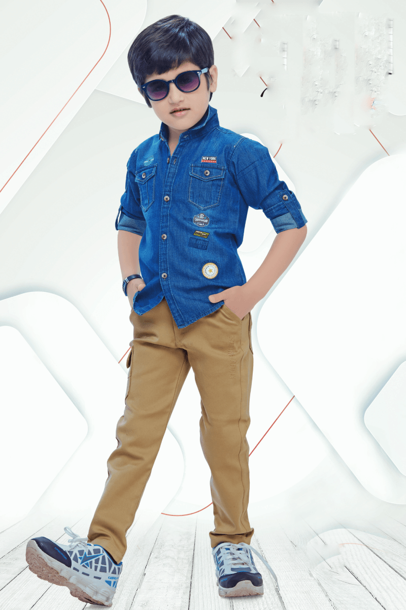 Denim Blue with Beige Casual wear Pant and Shirt Set for Boys
