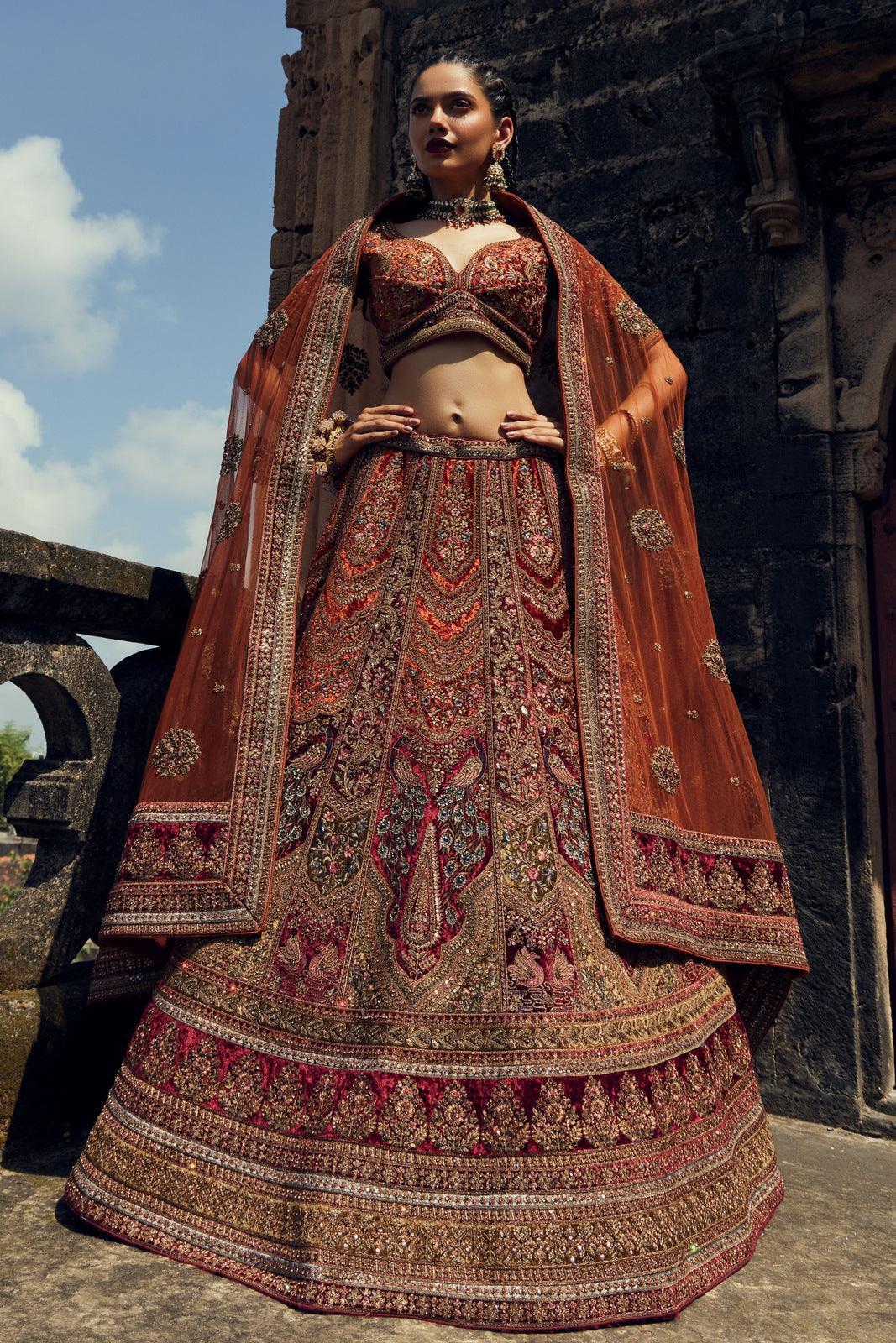 Designer Bridal Lehenga Maroon with Rust Sequins and Embroidery