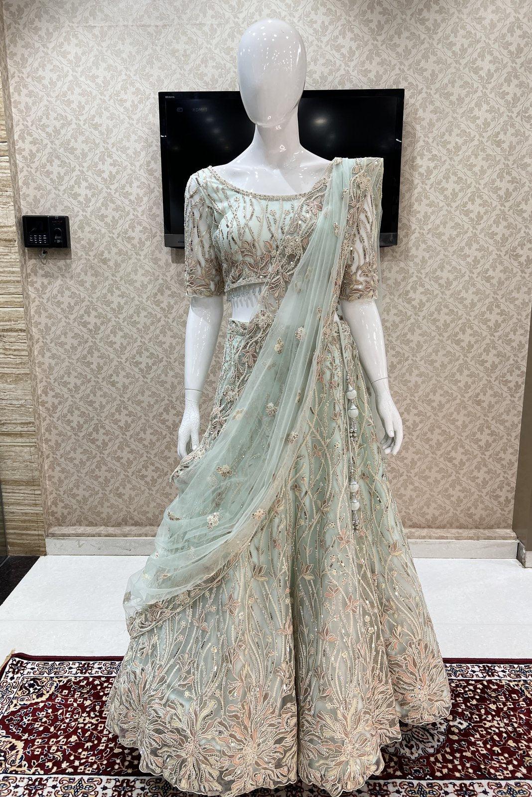 Pista Green With Golden Embroidered Lehenga/Pant Suit  Indian outfits,  Designer anarkali suits, Indian lehenga