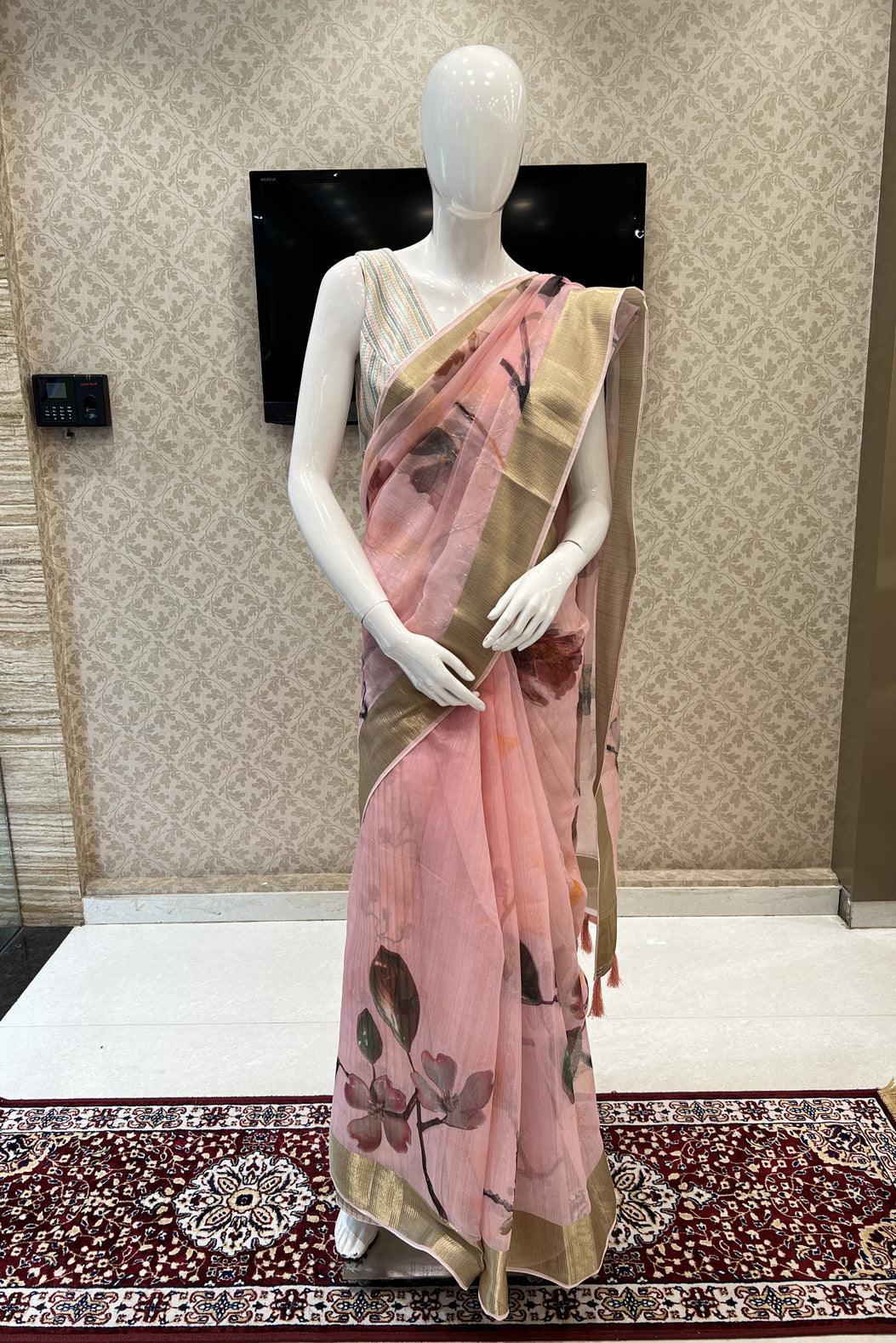 Baby Pink Double Layered Saree with Matching Unstitched Designer