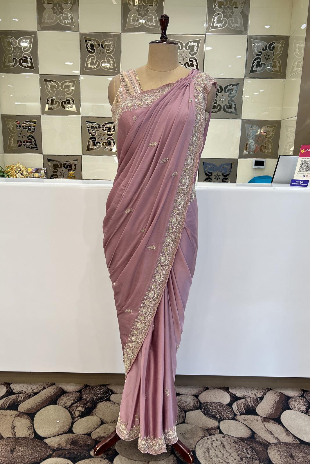 Onion Beads, Sequins and Pearl work Saree with Matching Unstitched