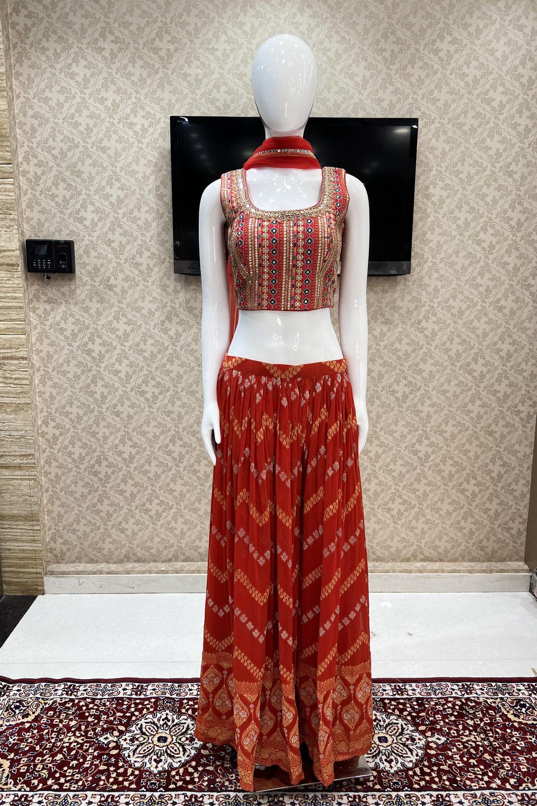 Red Raw Silk Mirror Embroidery Crop Top and Printed Palazzo with