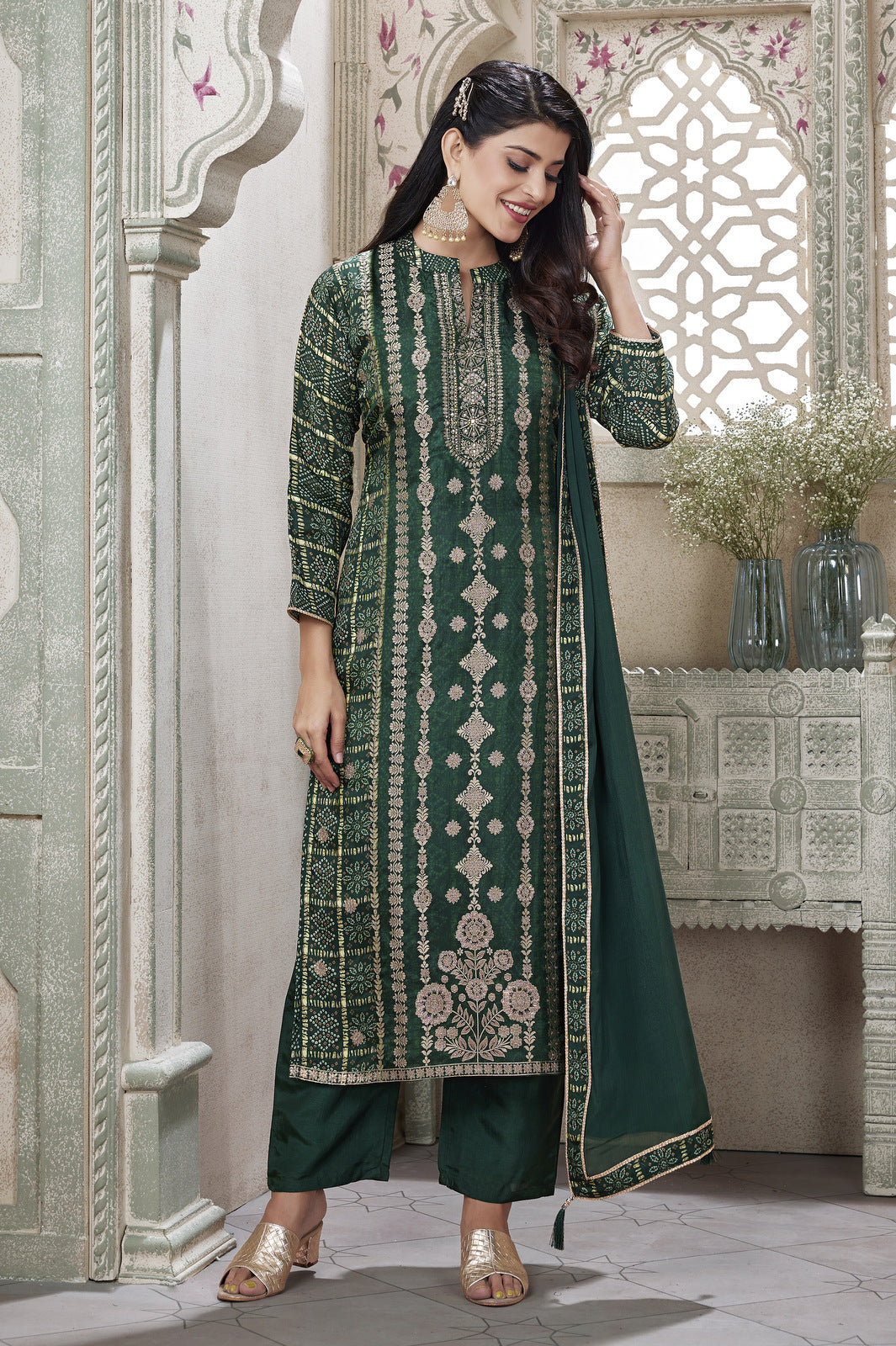 Green Banaras, Pearl and Sequins work with Bandini Print Straight