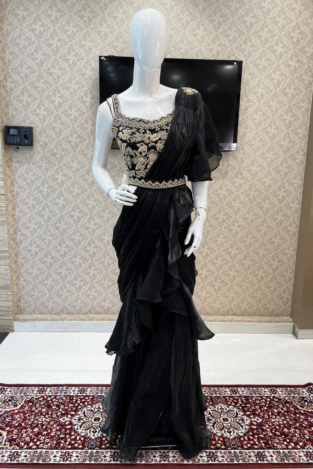 Black Readymade Fancy Saree and Readymade Designer Blouse with Belt –  Seasons Chennai