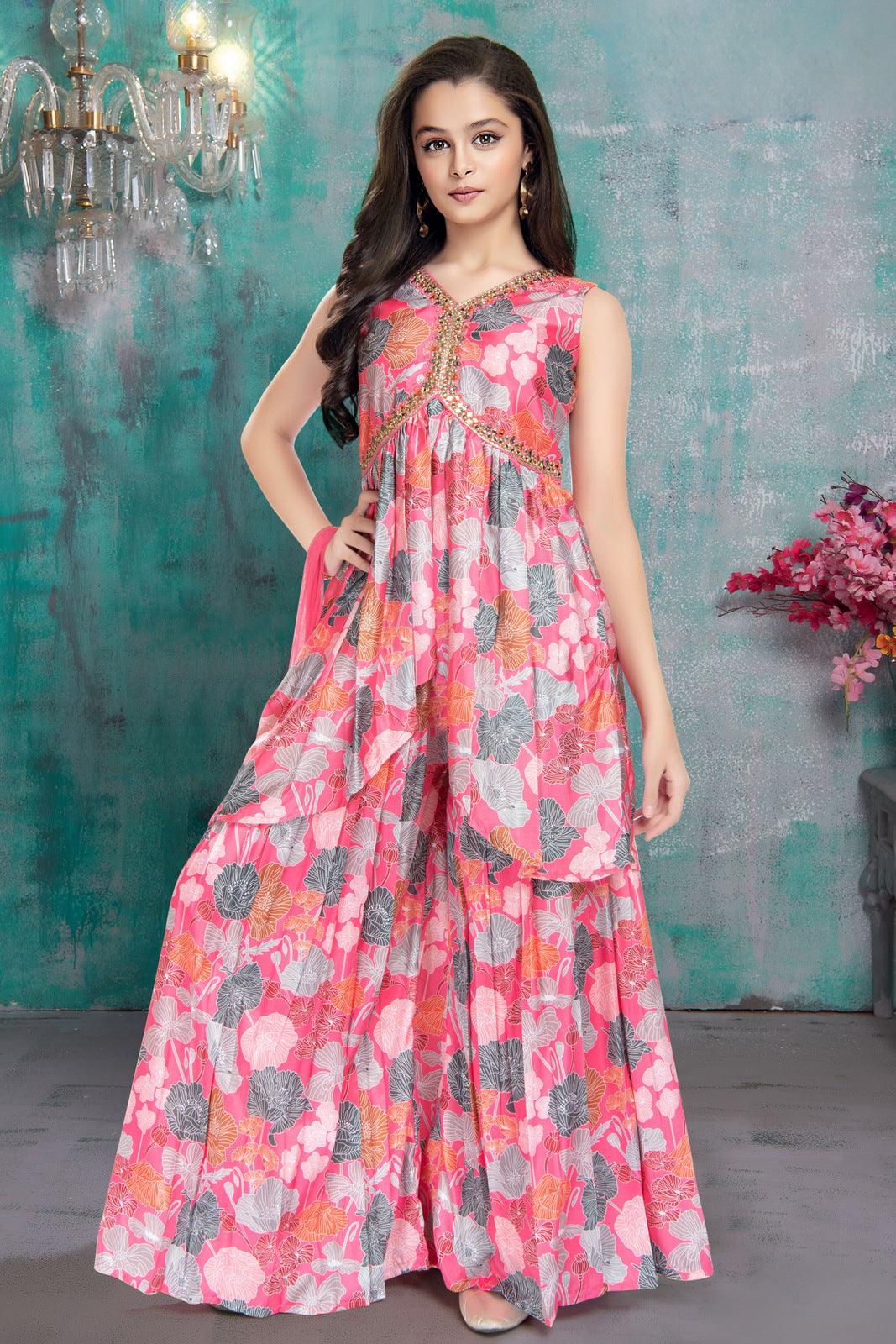 Pink Digital Print, Mirror and Zari work Alia Cut Peplum Top and