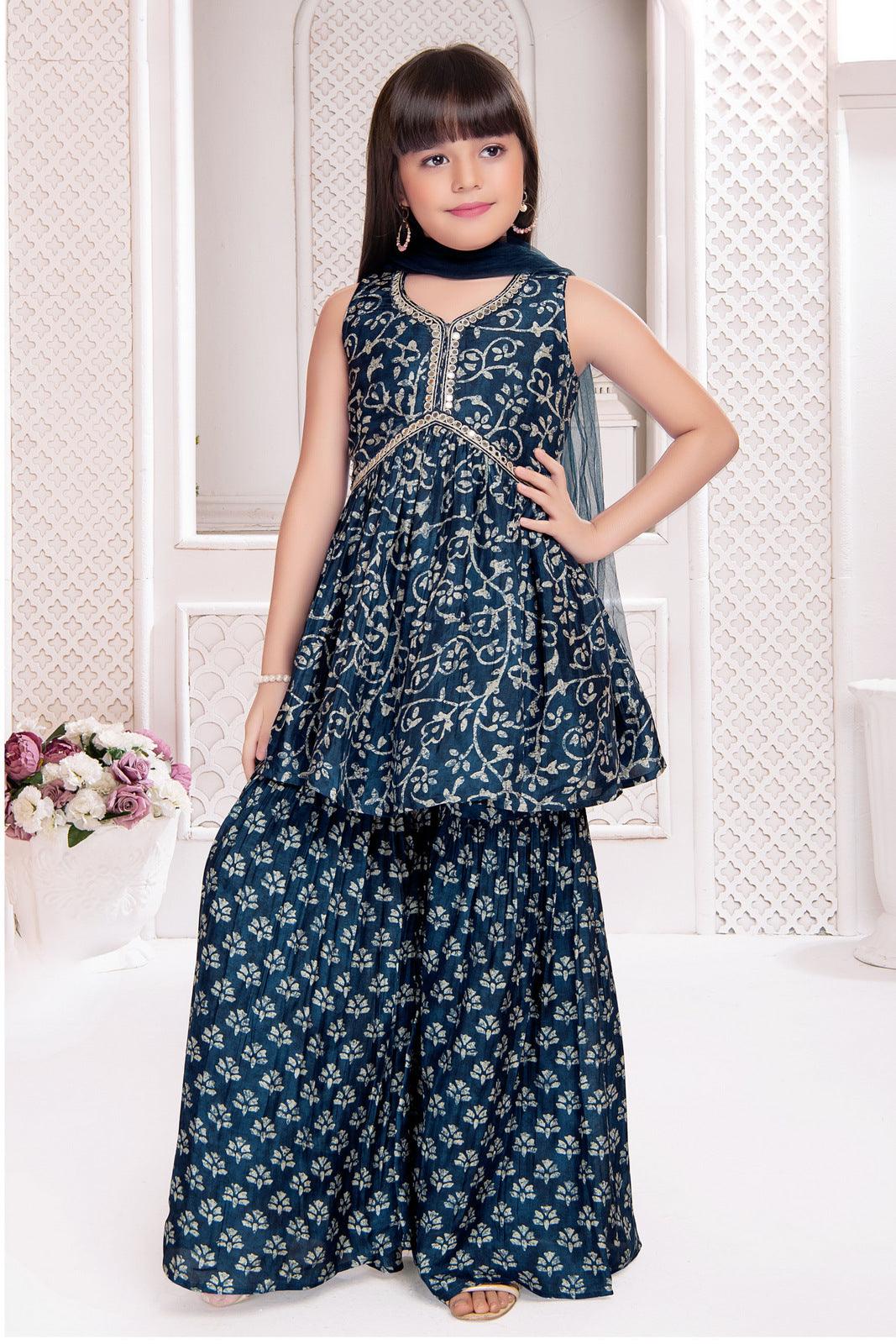 Navy Blue Digital Print Alia Cut Peplum Top and Sharara Set for