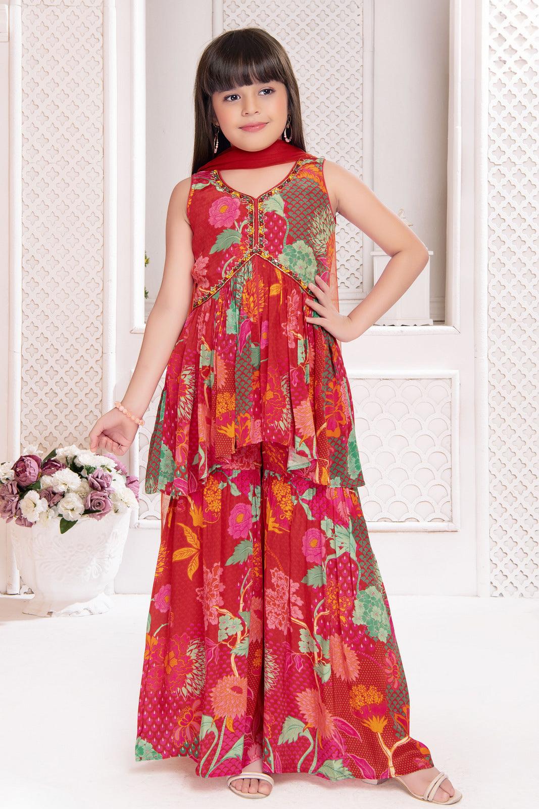 Red Multicolor Digital Print Alia Cut Peplum Top and Sharara Set