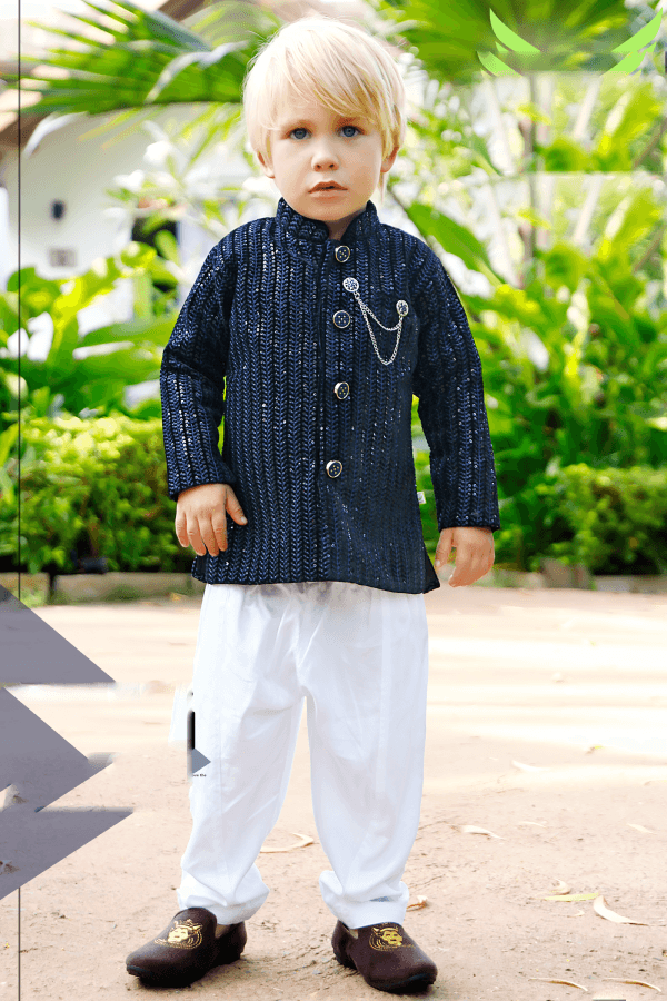 Navy Blue with Half White Lucknowi and Sequins work Kurta and