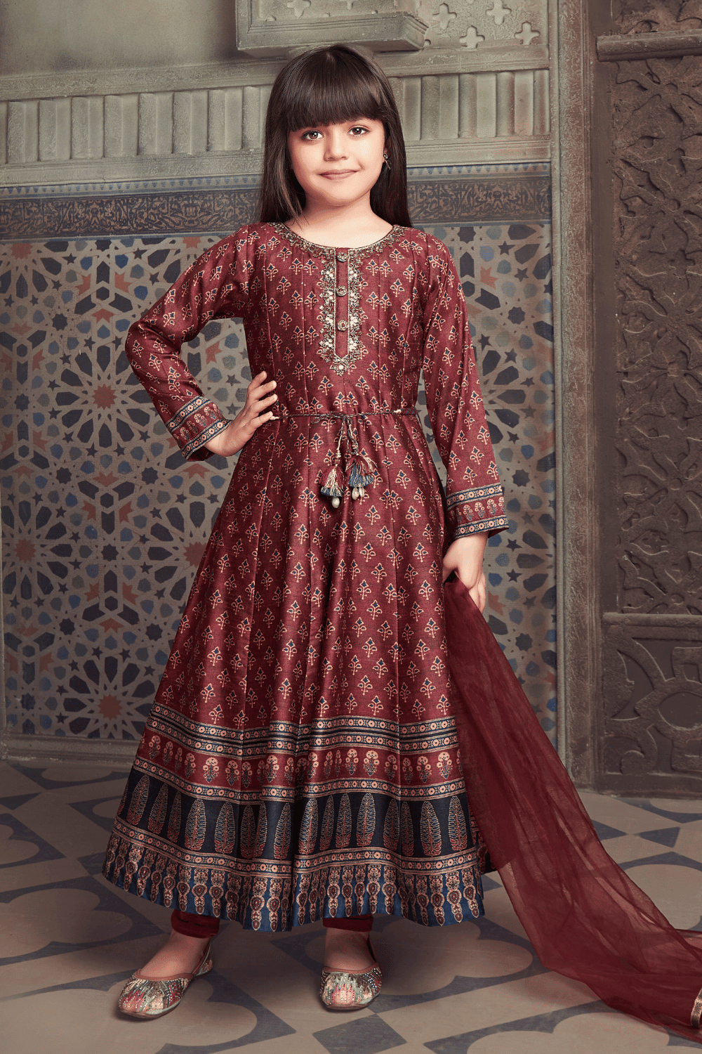 Maroon Digital Print, Sequins, Beads and Zardozi work Anarkali