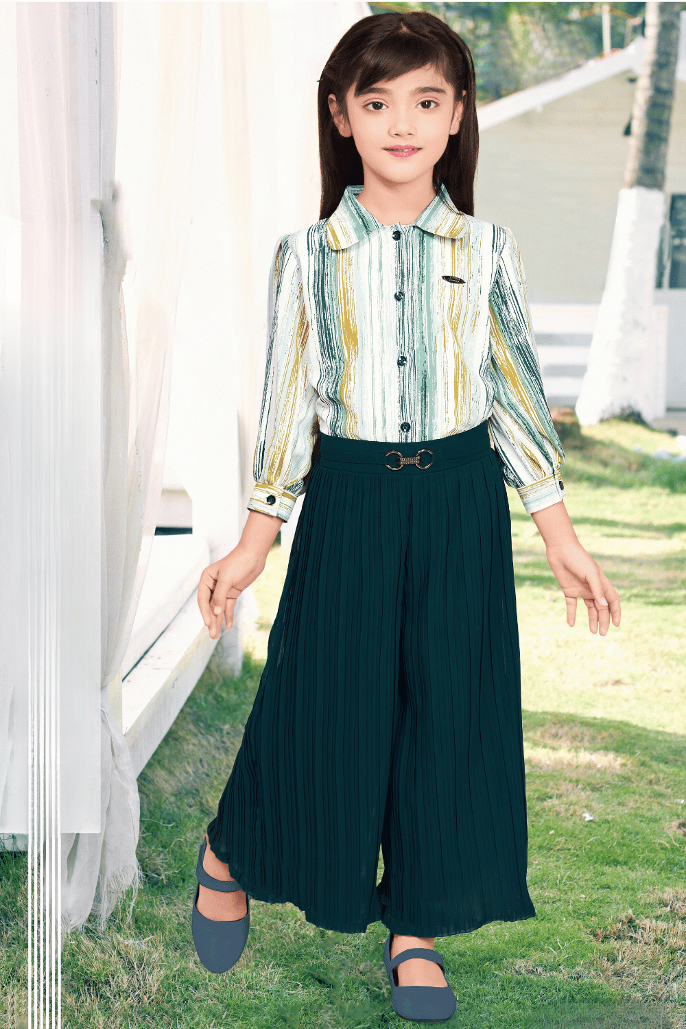 Multicolor Printed Top with Rama Green Palazzo Set for Girls