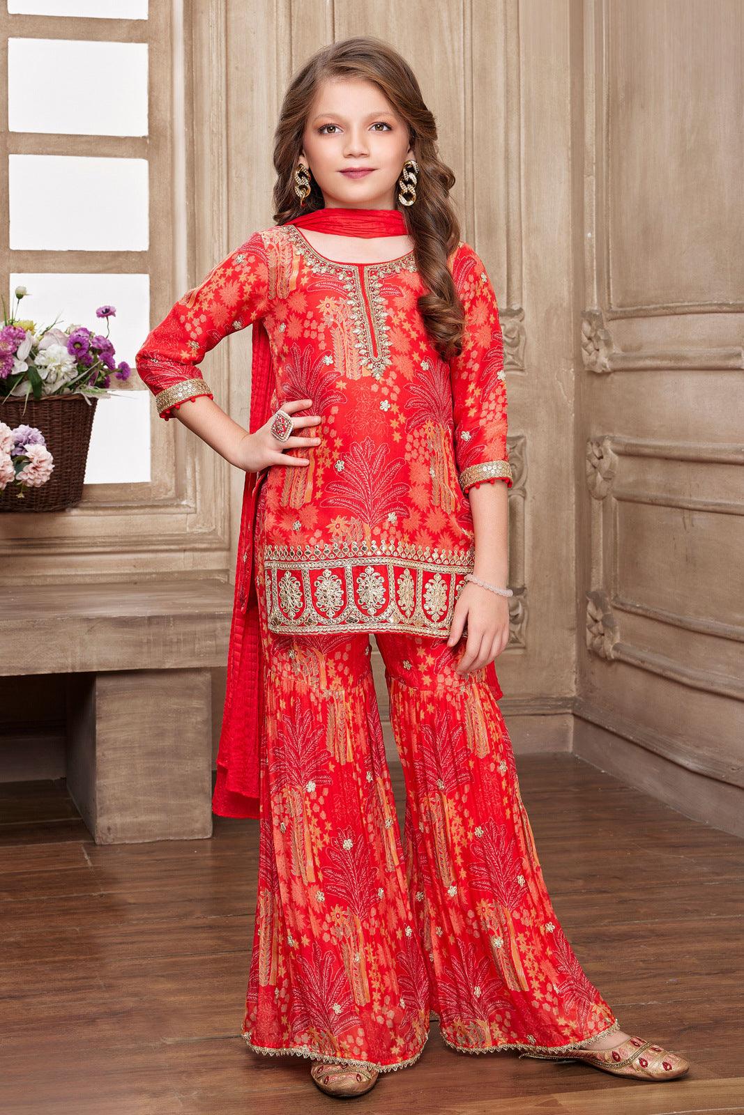 Red Floral Print with Gota Patti work Sharara Set for Girls