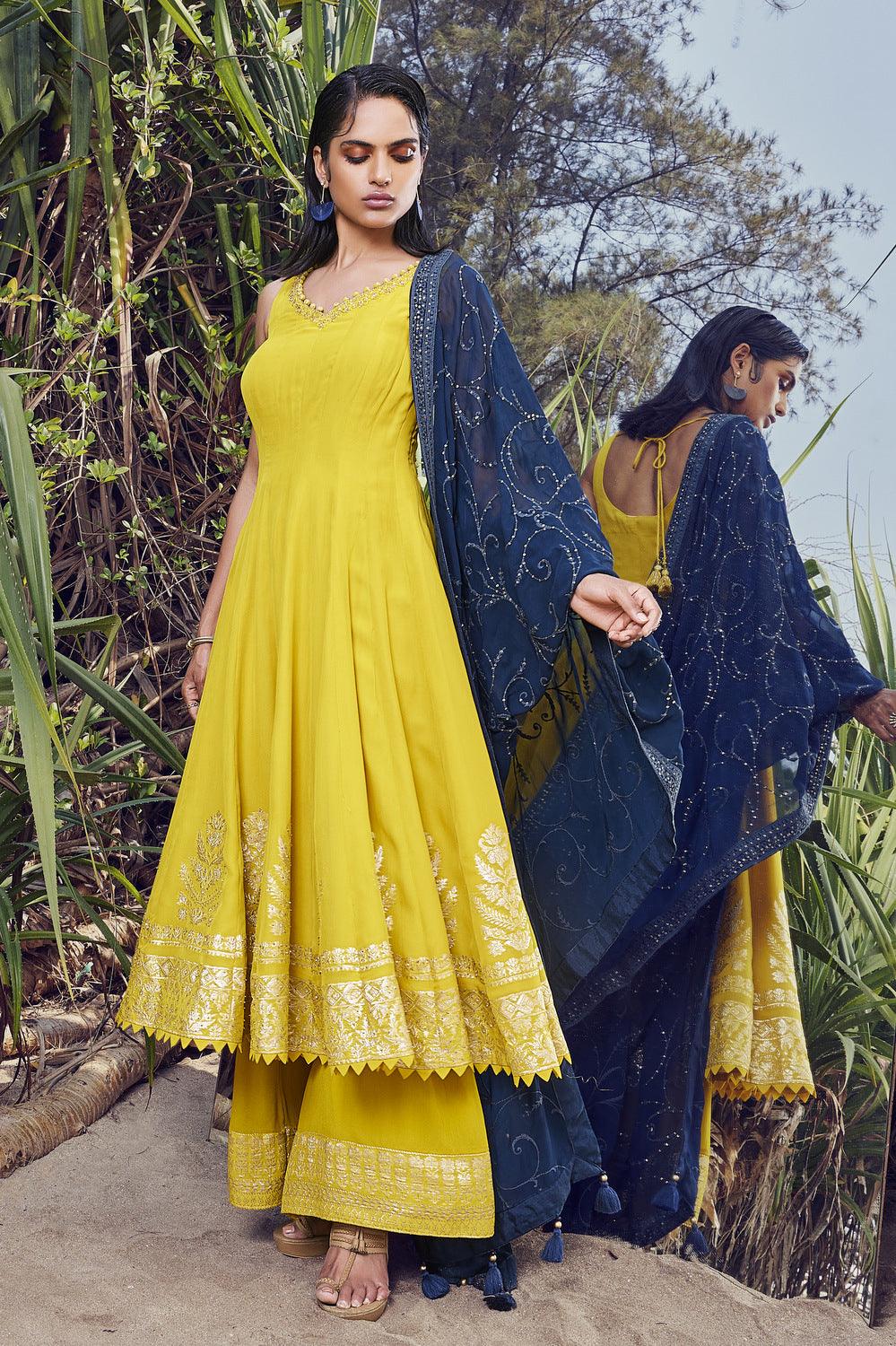 Yellow Sequins and Banaras work Anarkali Style Salwar Suit with