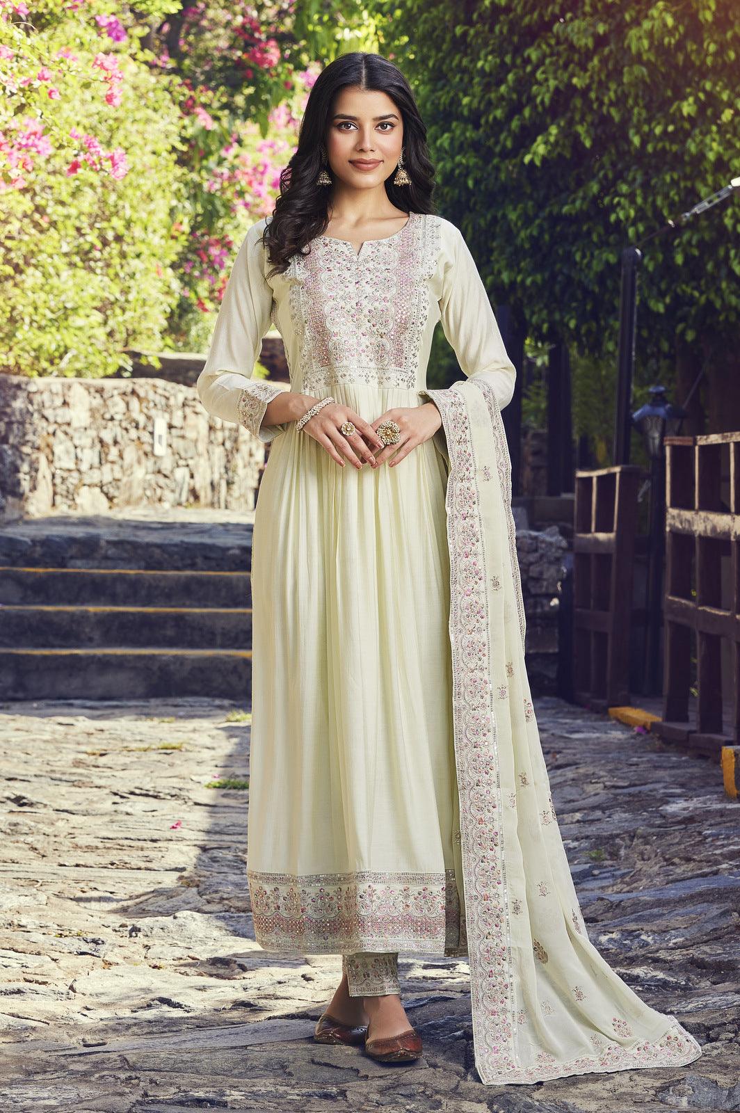 Thread Work Pant Style Suit In Cream Color
