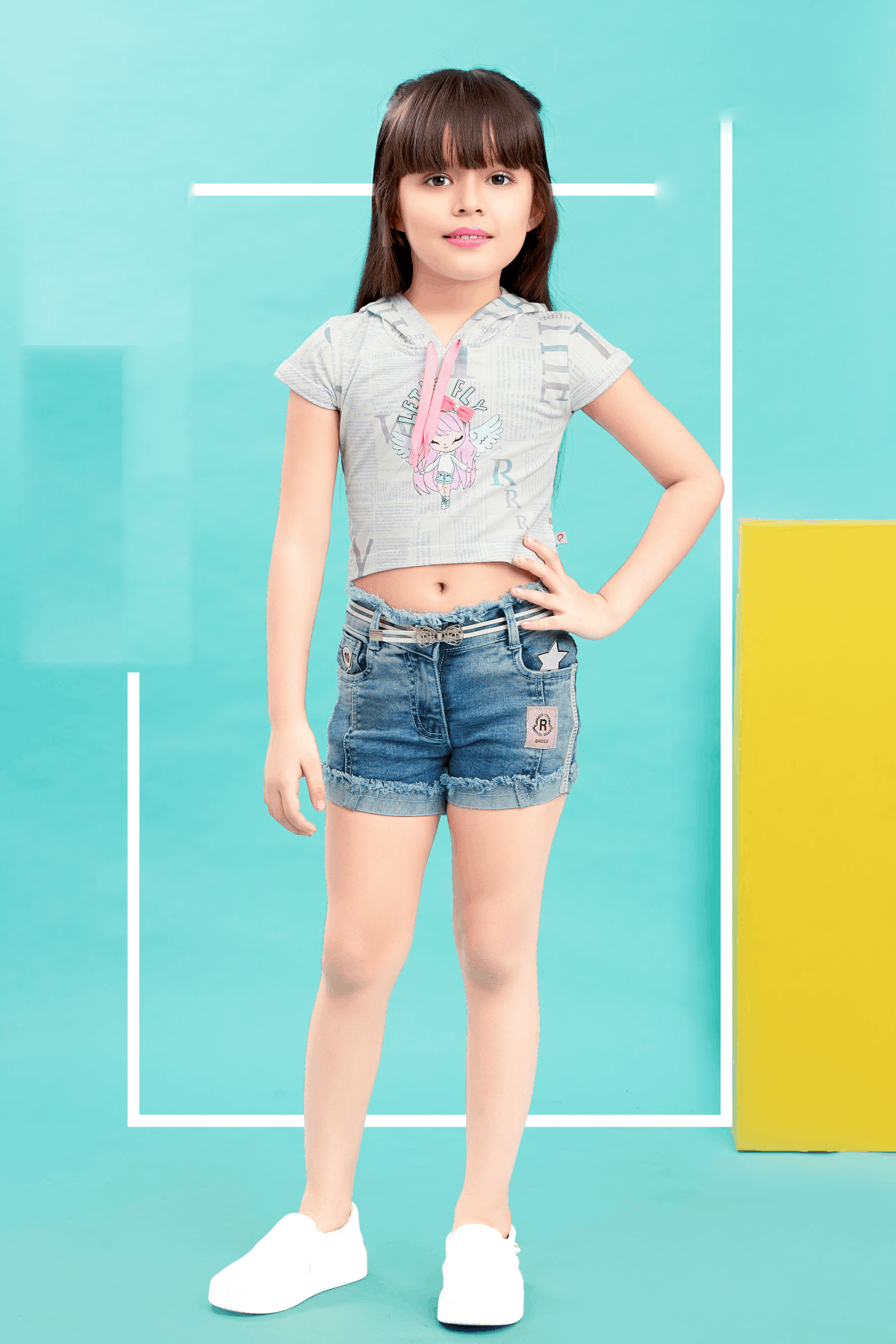 Blue and White Denim Shorts and T-Shirt For Girls with Belt