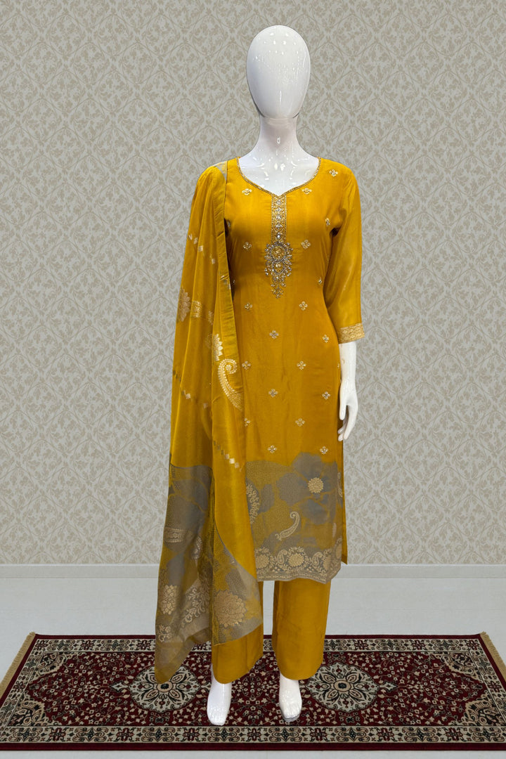 Yellow Beads, Mirror, Sequins, Jacquard and Stone work Straight Cut Salwar Suit
