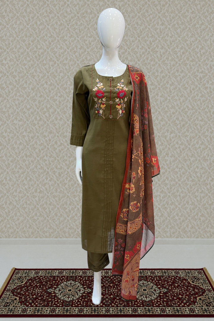 Mehendi Green Embroidery work Straight Cut Salwar Suit with Digital Print Dupatta
