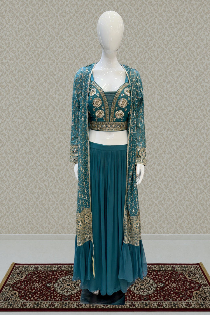 Green Mirror, Zardozi, Sequins and Beads work Overcoat Styled Palazzo Suit Set