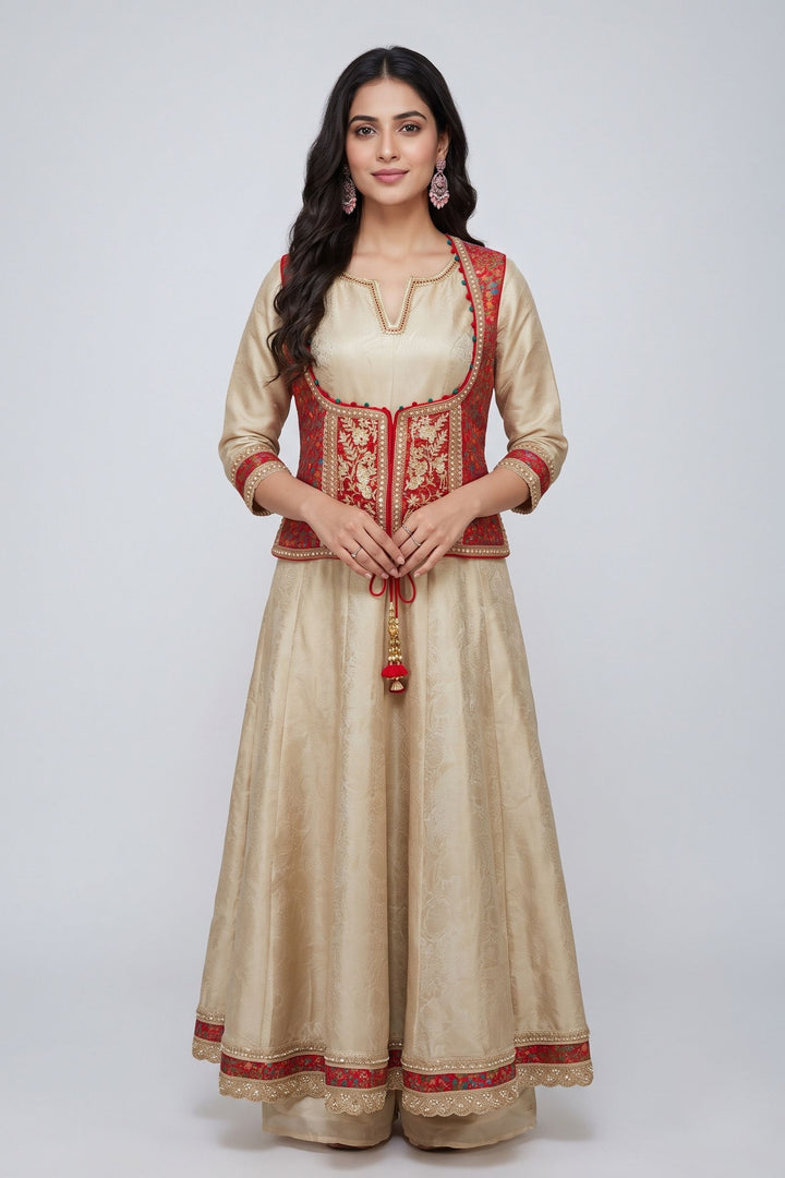 Beige Zardozi and Banaraswork Anarkali Style with jacket Salwar Suit with Palazzo Pant