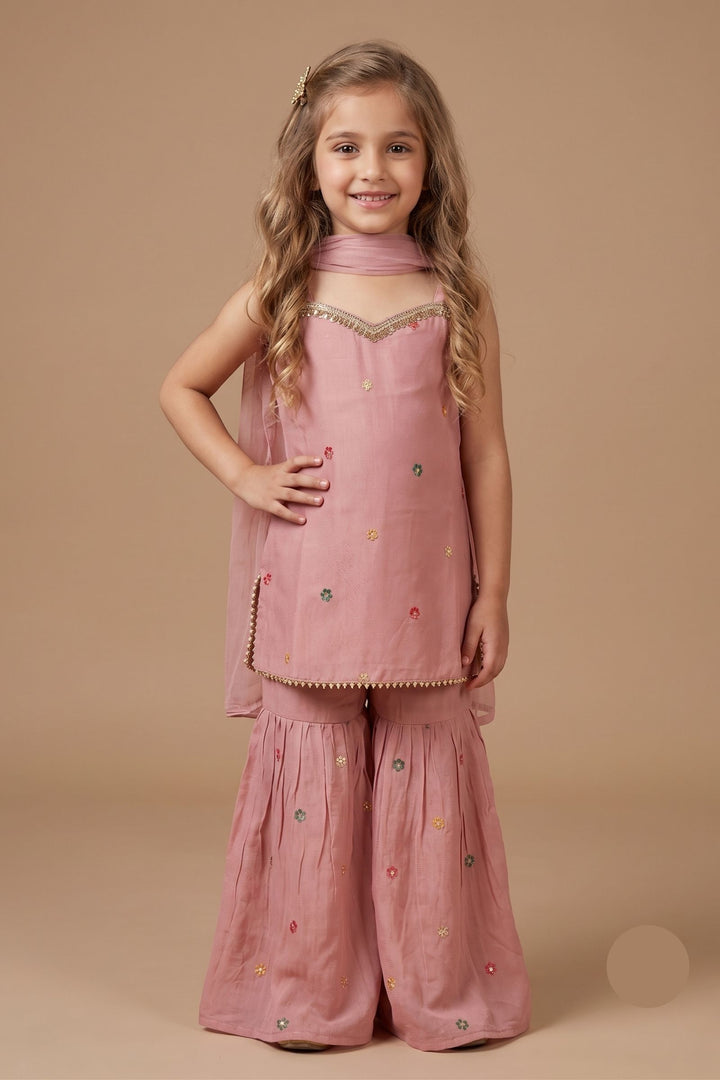Onion Pink Sequins and Beads work Sharara Suit Set for Girls