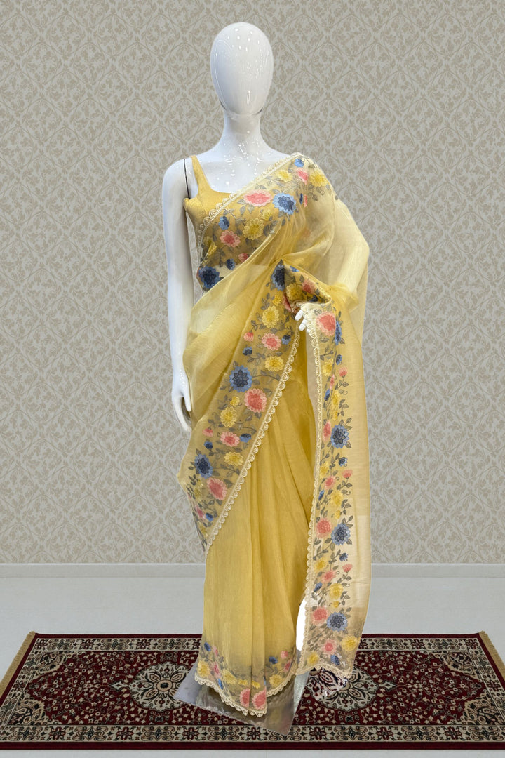 Yellow Multicolor Embroidery work Saree