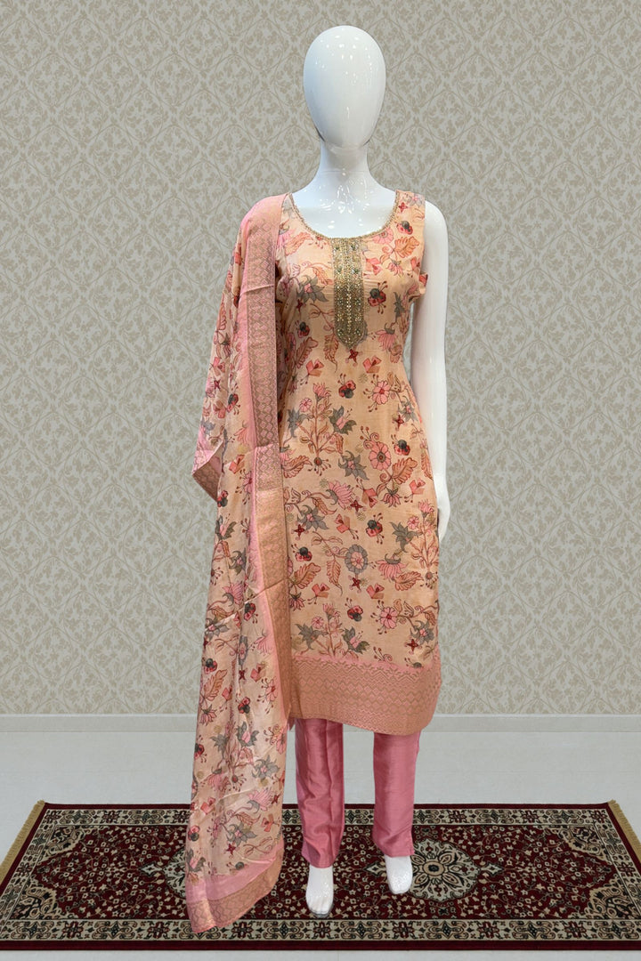 Peach Stone, Zadozi, Beads, Mirror and Zari Weaving work Straight Cut Salwar Suit