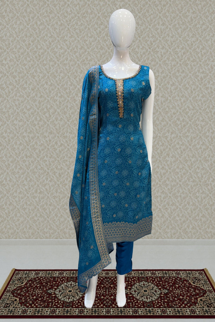 Rama Blue Zari Weaving and Banaras work with Bandini Print Straight Cut Salwar Suit