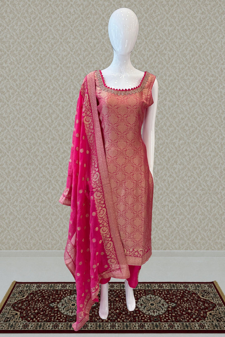 Rani Pink Beads, Mirror, Stone, Banaras and Brocade work Straight Cut Salwar Suit