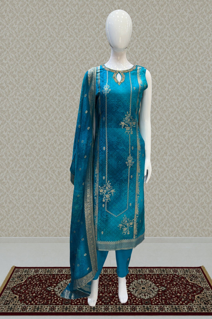 Rama Blue Banaras, Zardozi, Beads, Stone and Zari work Straight Cut Salwar Suit