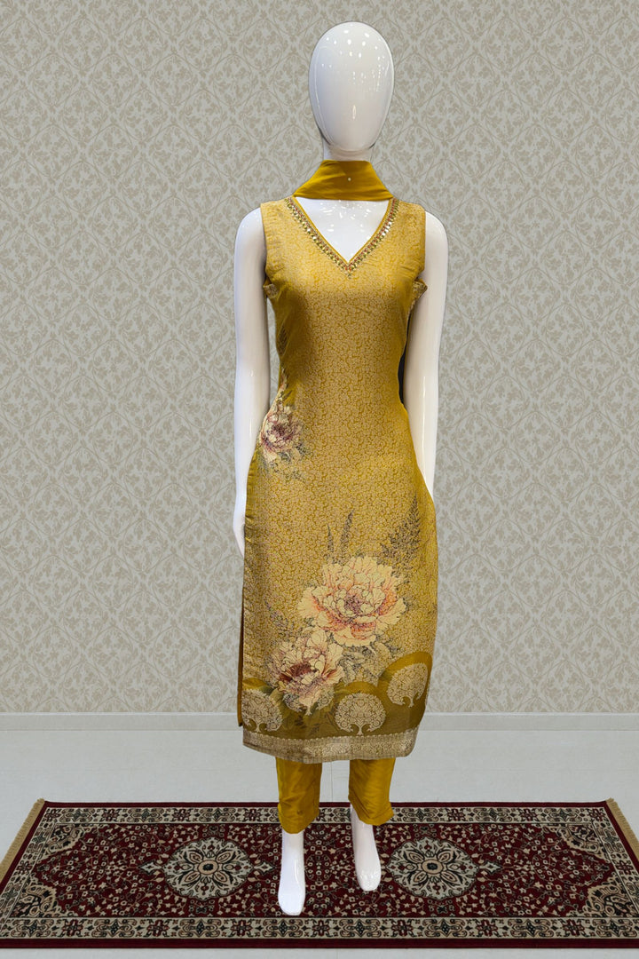 Mustard Brocade and Sequins work with Floral Print Straight Cut Salwar Suit