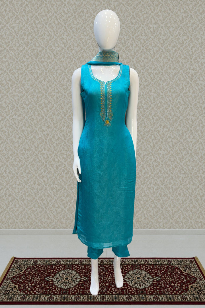 Rama Blue Thread, Sequins, Beads and Mirror work Straight Cut Salwar Suit