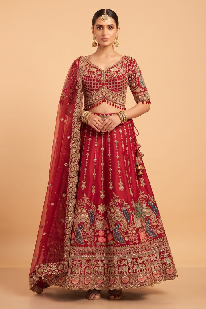 Red Beads, Sequins and Zari work Bridal Lehenga with Intricate Peacock and Elephant Motifs