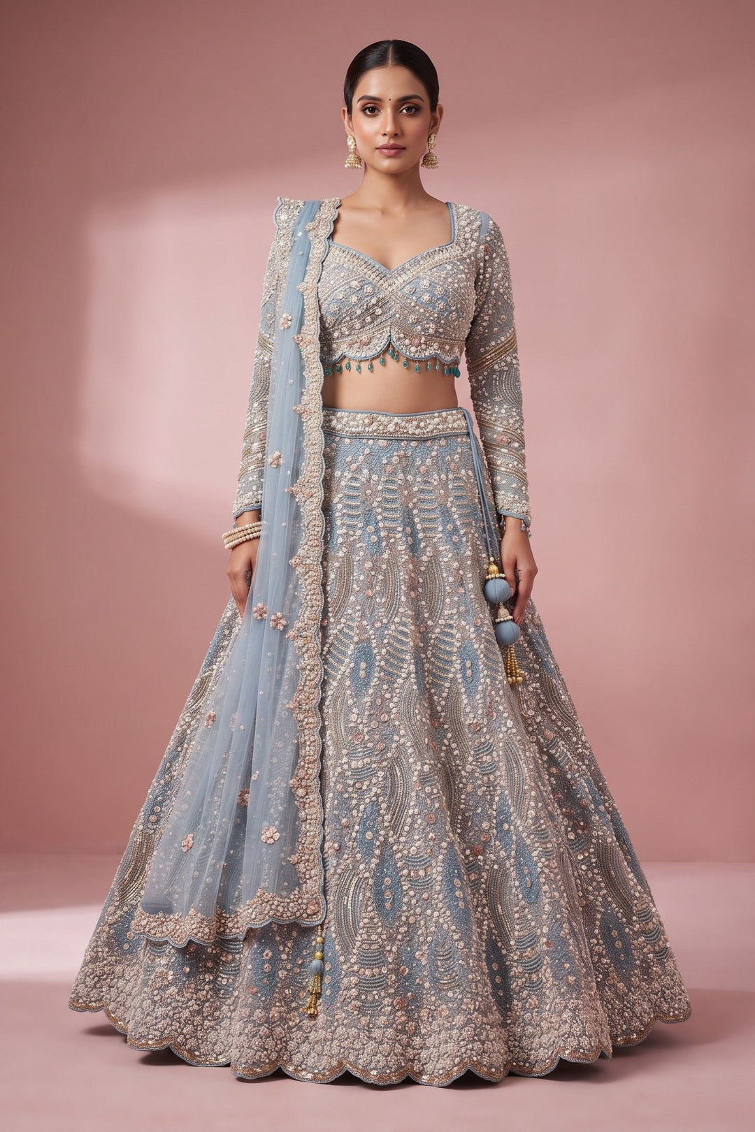 Sea Blue Bridal Lehenga with Intricate Beads, Pearl and Sequins Work