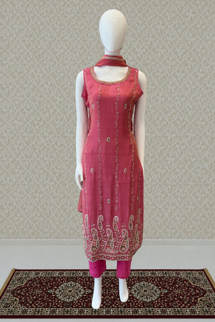 Onion Pink Zari, Stone, Sequins and Thread work Straight Cut Salwar Suit