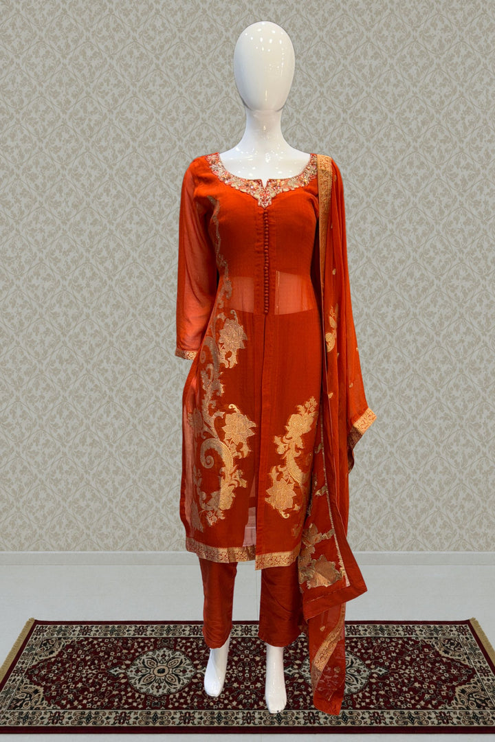 Orange Banaras, Stone, Zardozi, SEquins, Beads and Zari work Straight Cut Salwar Suit