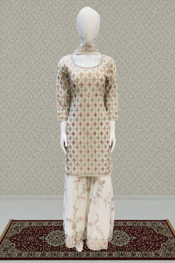Cream Multicolor Thread, Zari, Sequins, Mirror, Stone and Zardozi work Sharara Salwar Suit