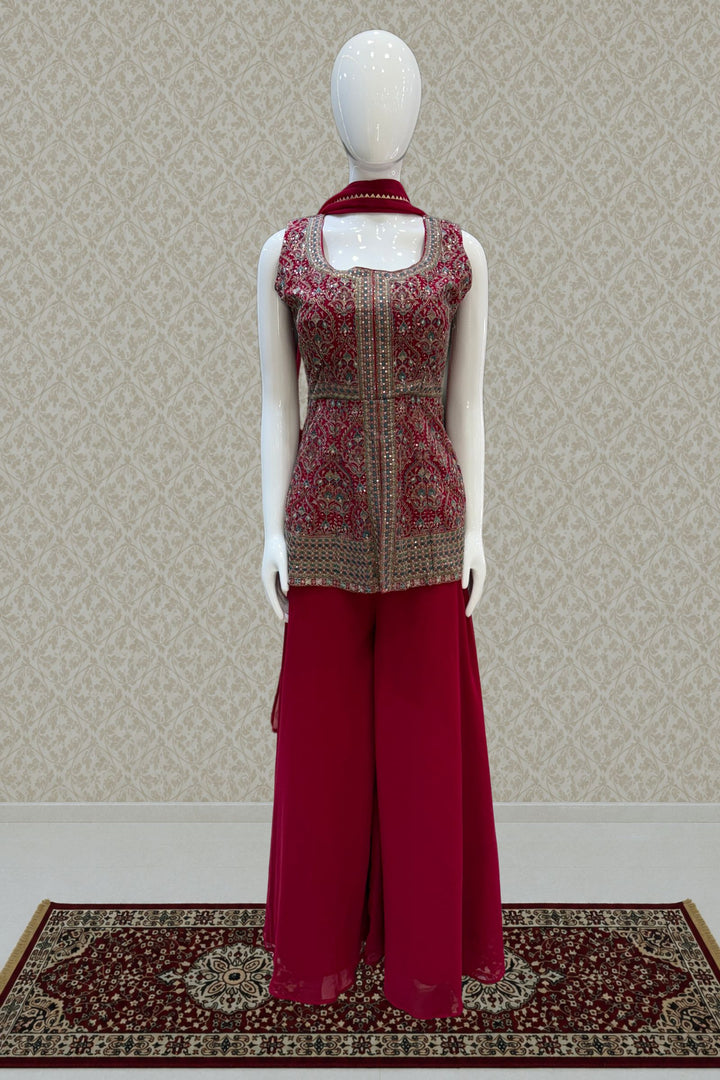 Maroon Multicolor Thread, Sequins and Stone work Peplum Top with Palazzo Suit Set