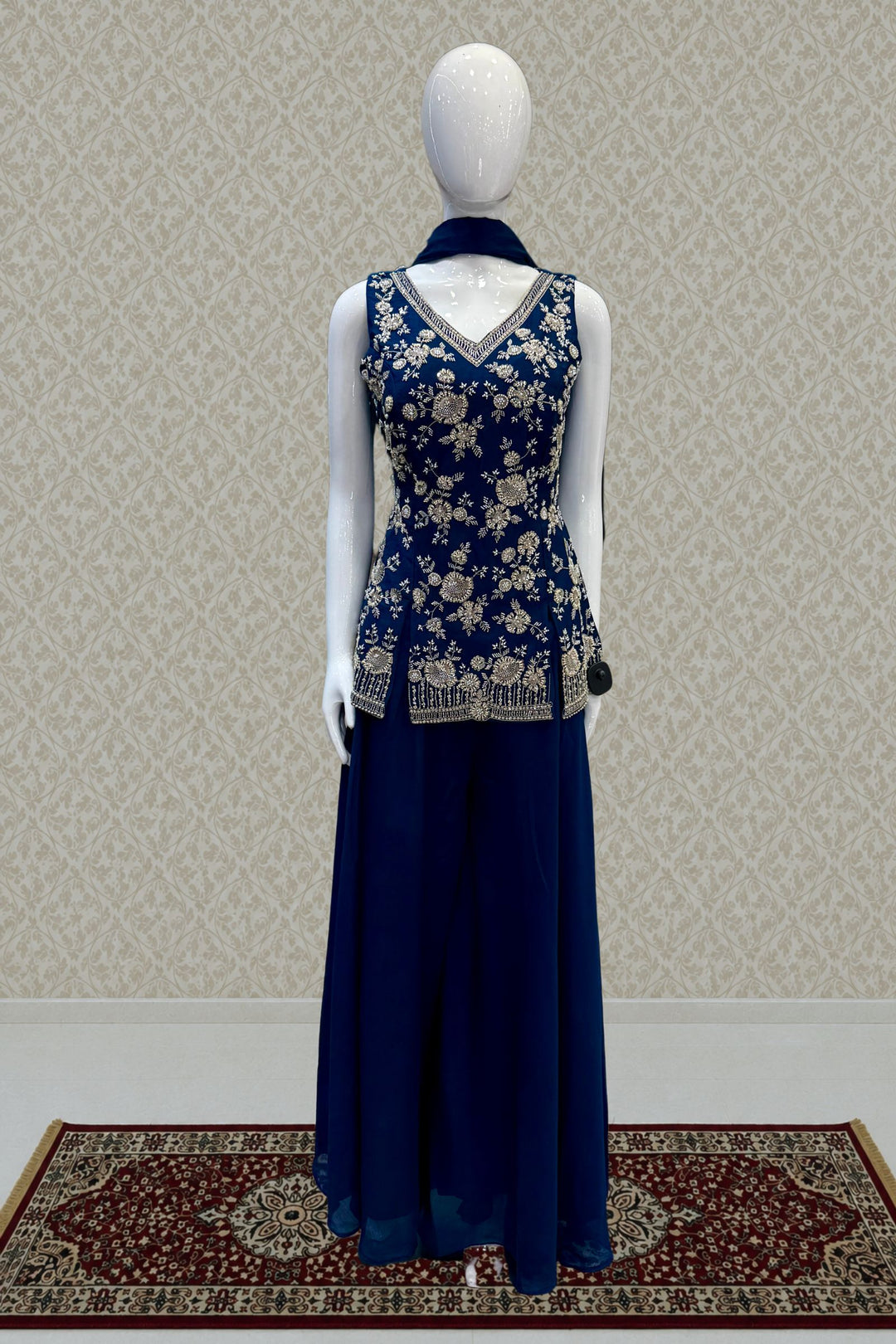 Peacock Blue Beads, Zari and Sequins work Palazzo Salwar Suit