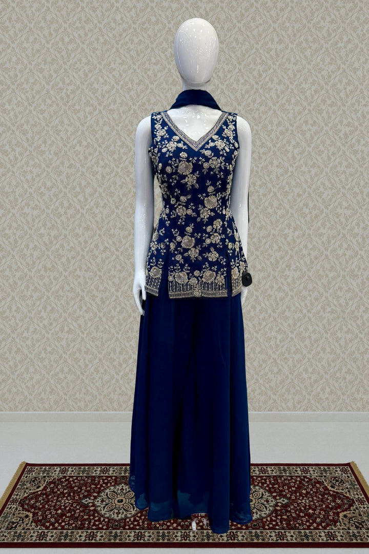 Peacock Blue Beads, Zari and Sequins work Palazzo Salwar Suit