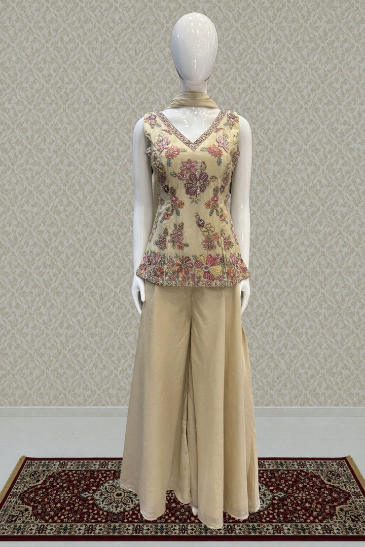 Cream Palazzo Set Featuring All-Over Multicolor Embroidery, Beads, Sequins and Zari