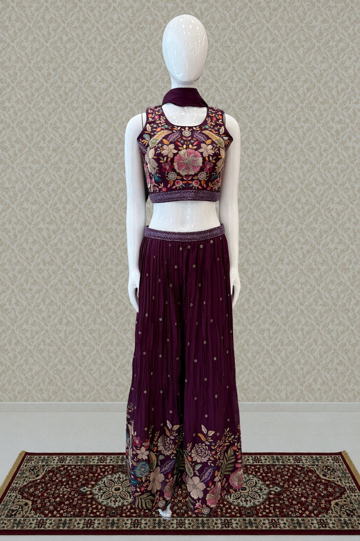 Wine Floral Embroidered Palazzo Set