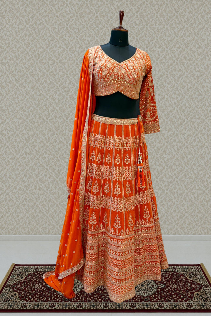 Orange Sequins and Zari work Crop Top Lehenga