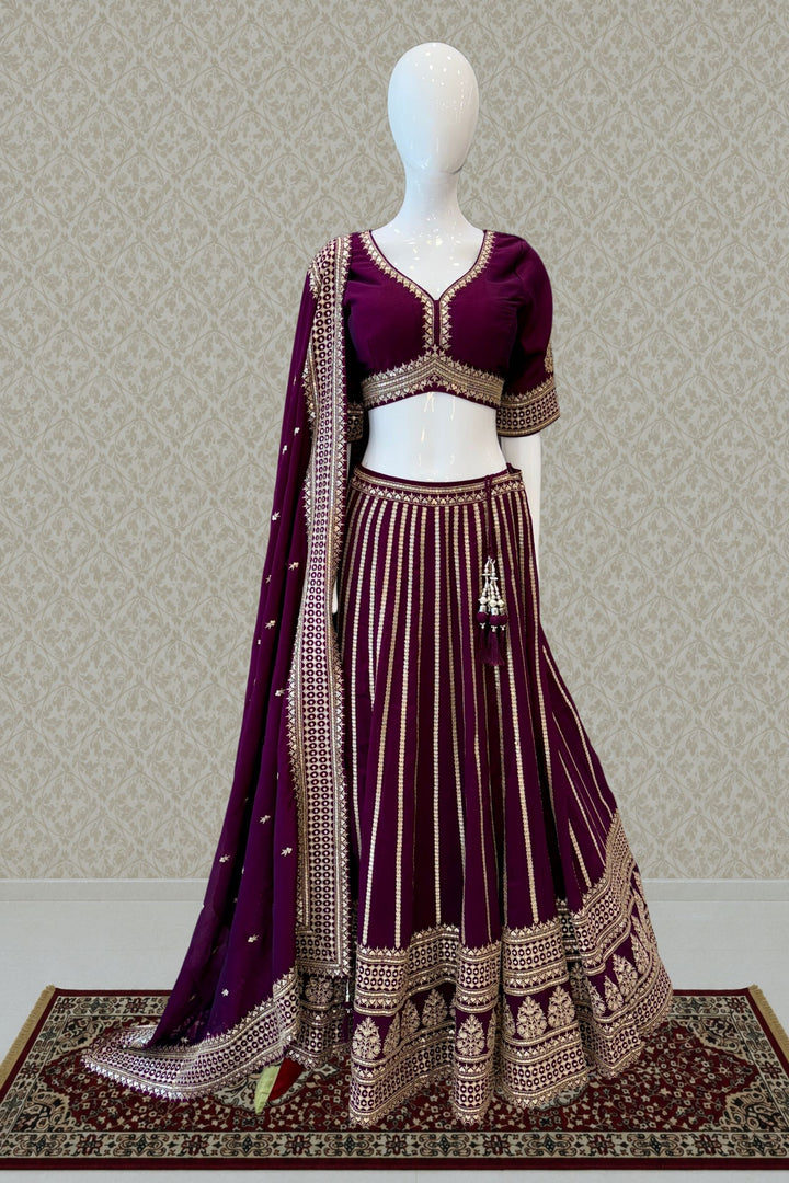 Wine Sequins and Zari work Crop Top Lehenga