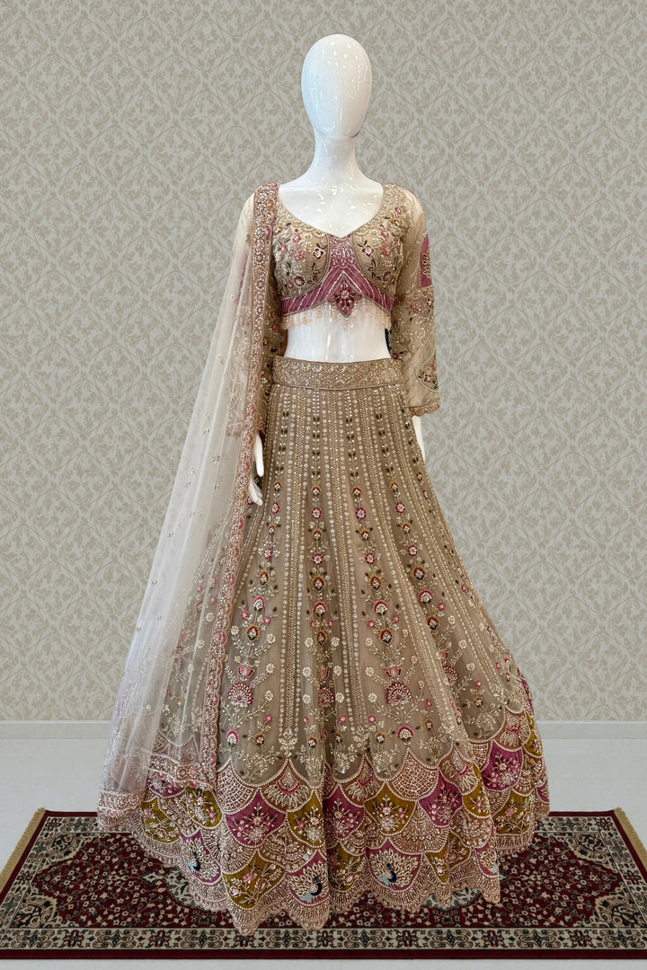 Chiku Beads, Sequins and Embroidery work Crop Top Designer Bridal Lehenga