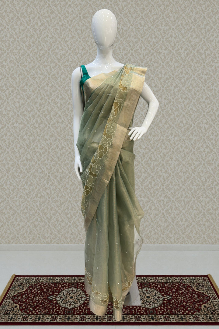 Pista Green Pearl and Thread work Saree