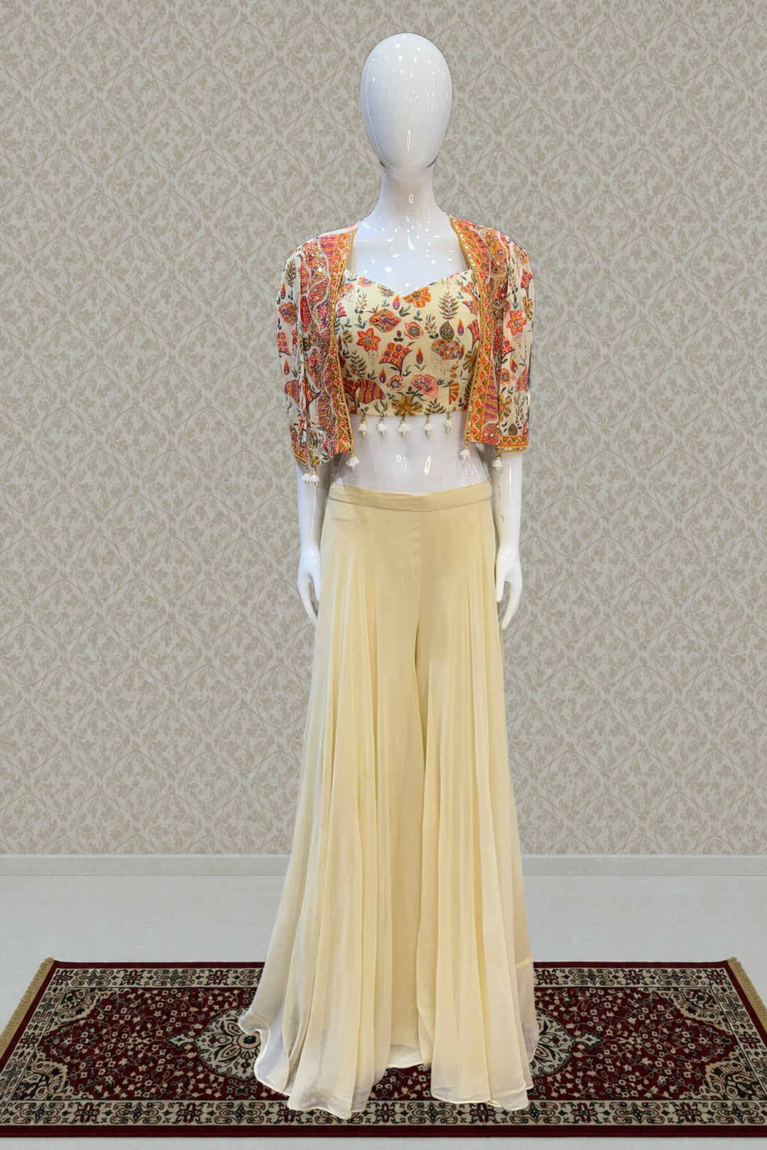 Cream Beads and Multicolor Thread work Crop Top with Overcoat Styled Palazzo Suit Set