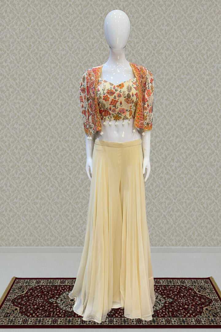 Cream Beads and Multicolor Thread work Crop Top with Overcoat Styled Palazzo Suit Set