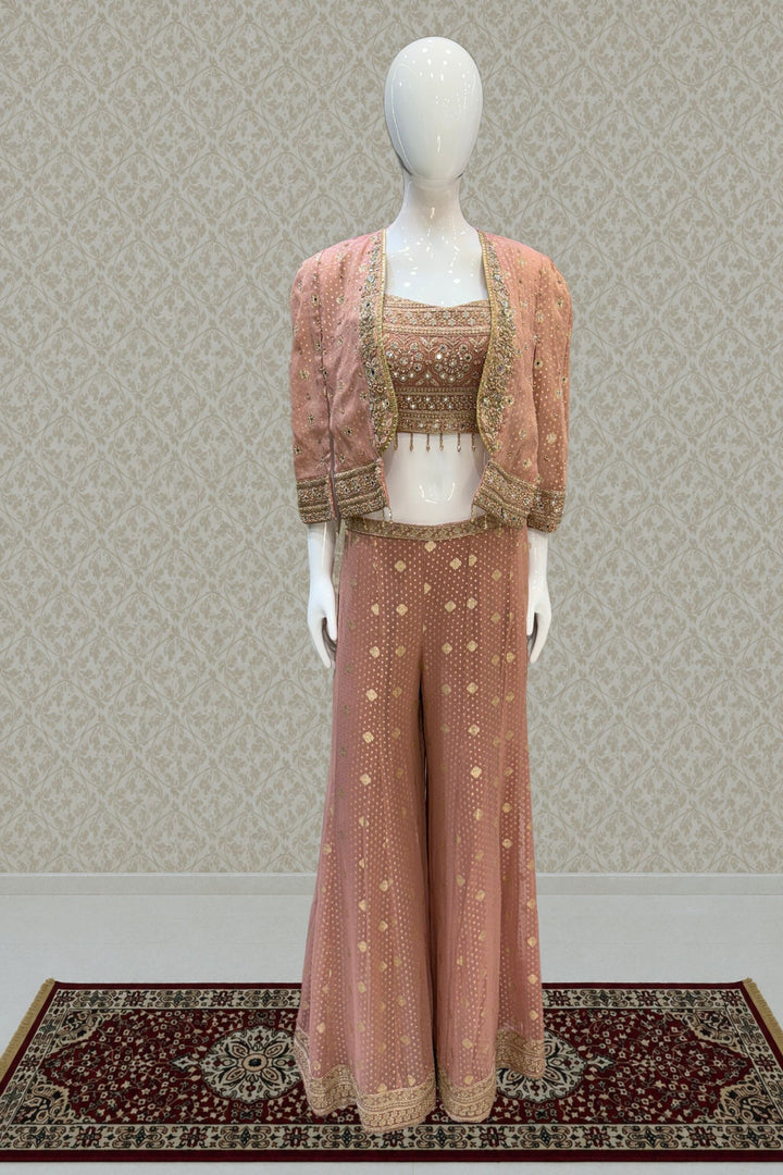 Peach Stone, Zari and Sequins work Crop Top with Overcoat Styled Palazzo Suit Set