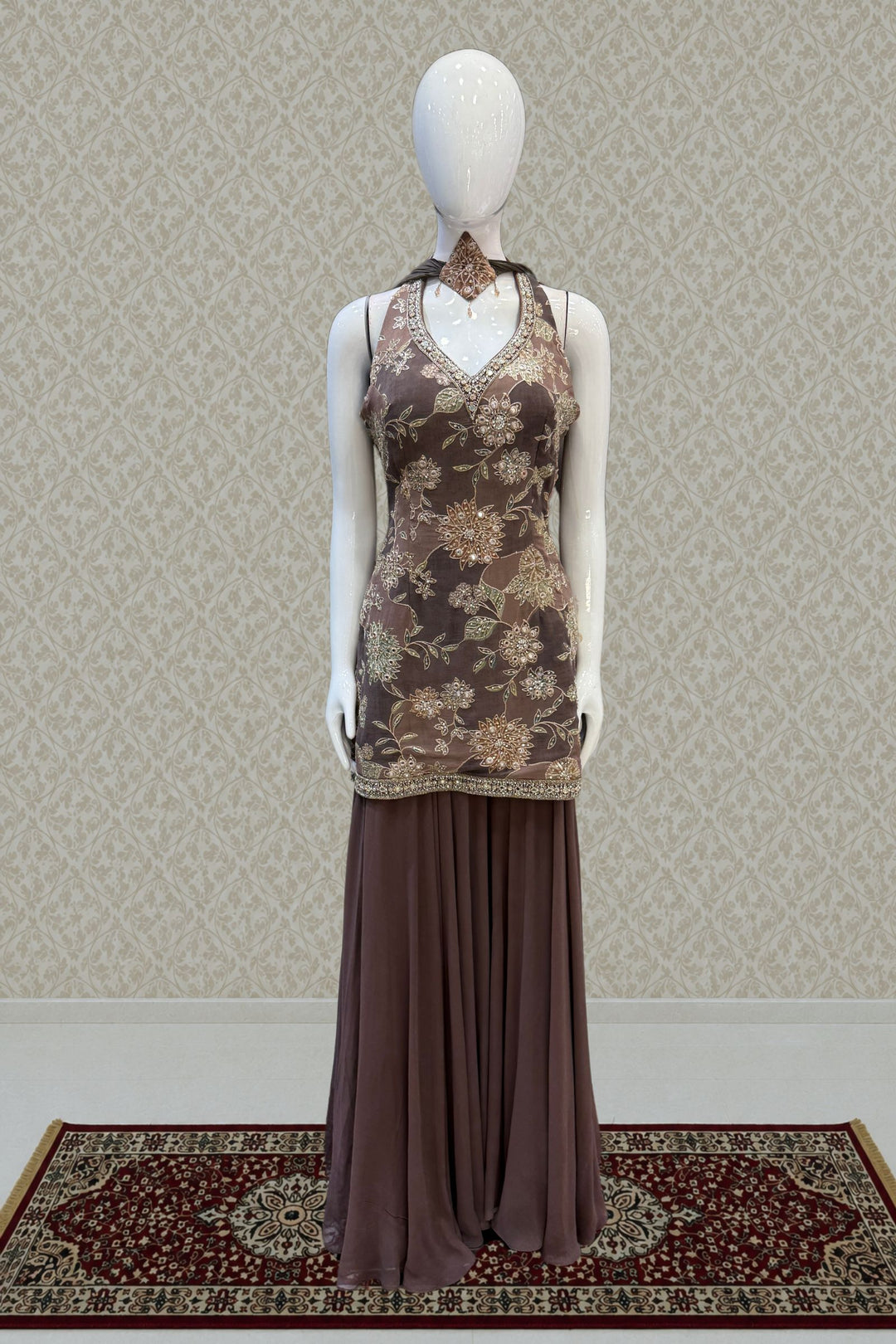 Brown Zari, Beads, Mirror and Zardozi work Palazzo Salwar Suit