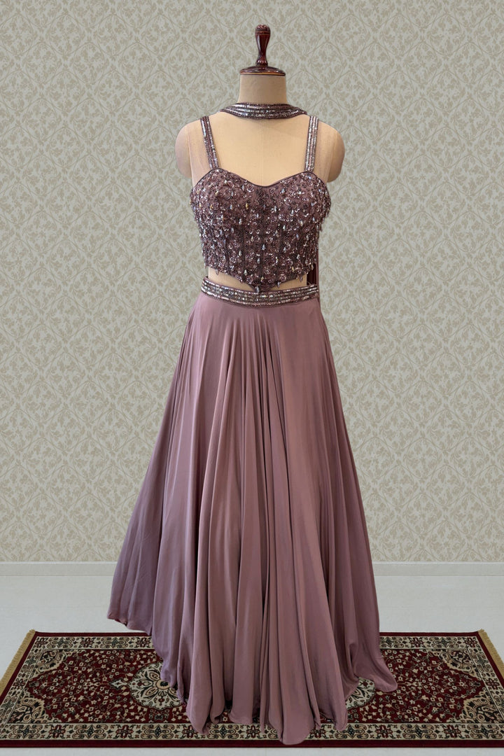 Light Brown Beads and Sequins work Croset Top Lehenga